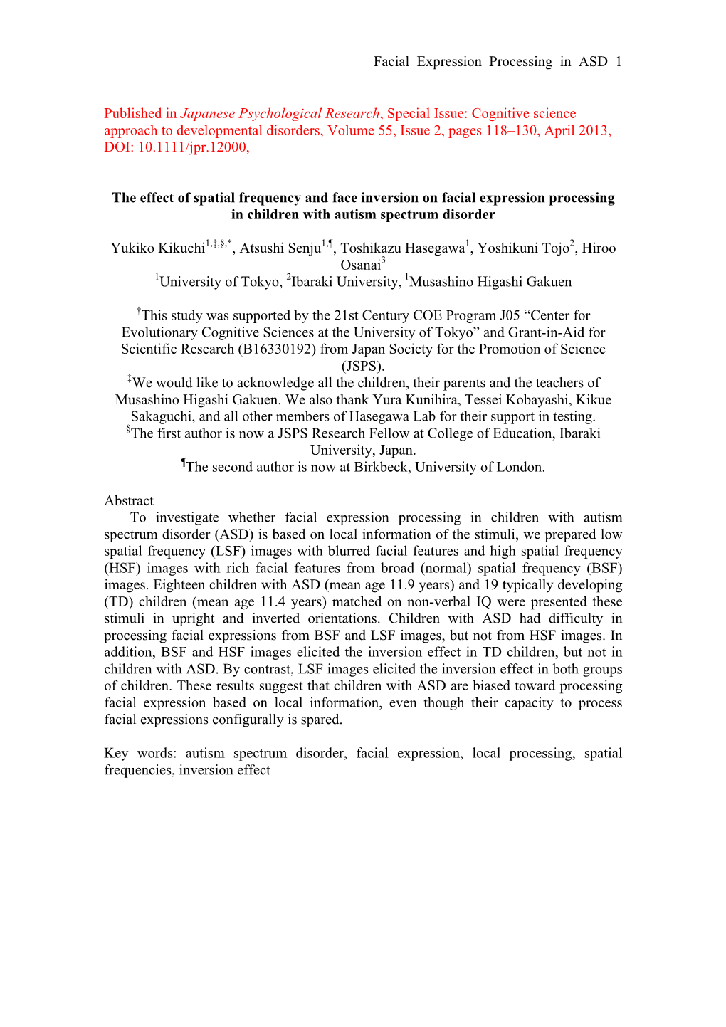 Facial Expression Processing in ASD 1 Published in Japanese