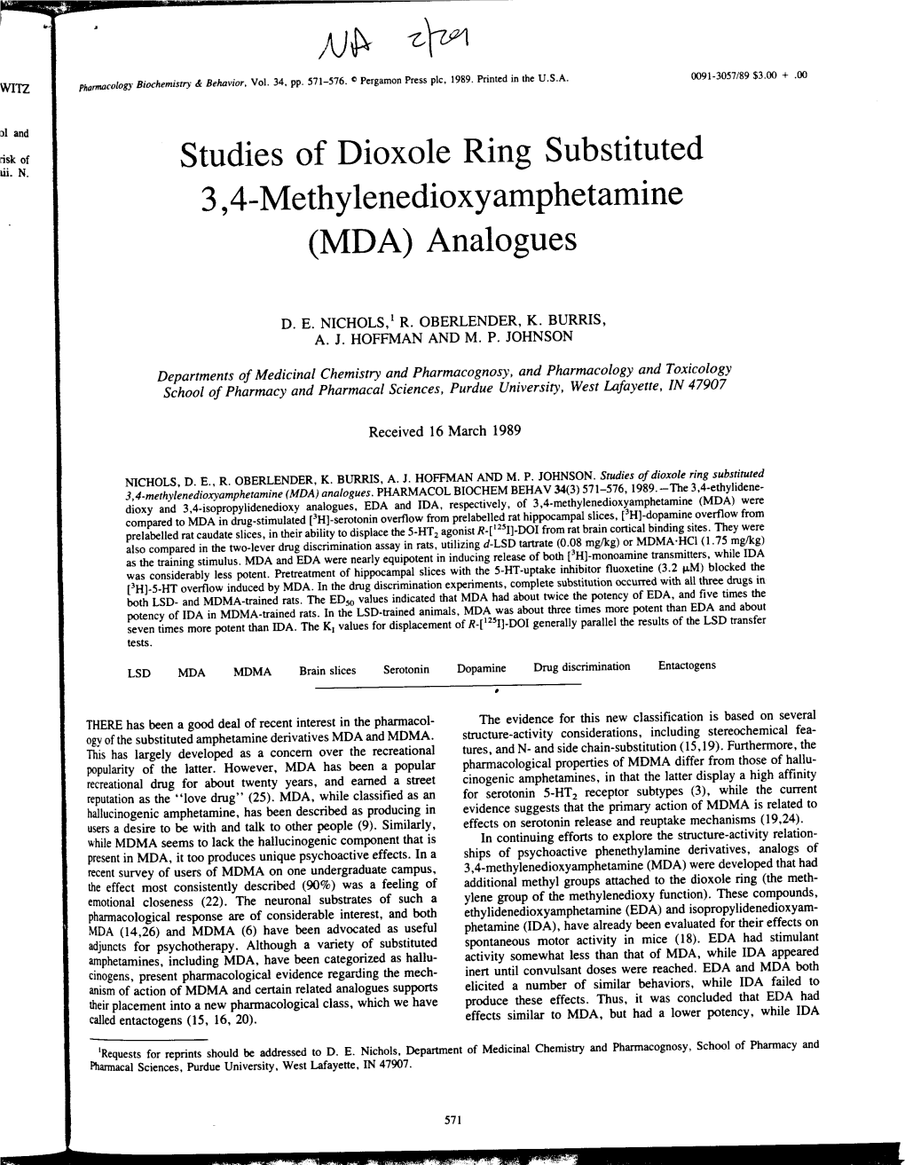 Studies of Dioxole Ring Substituted 3,4- Methylenedioxy Amphetamine (MDA) Analogues