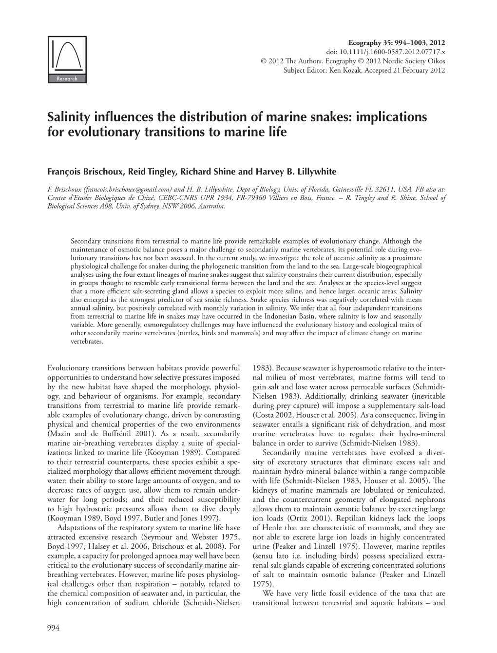 Salinity Influences the Distribution of Marine Snakes