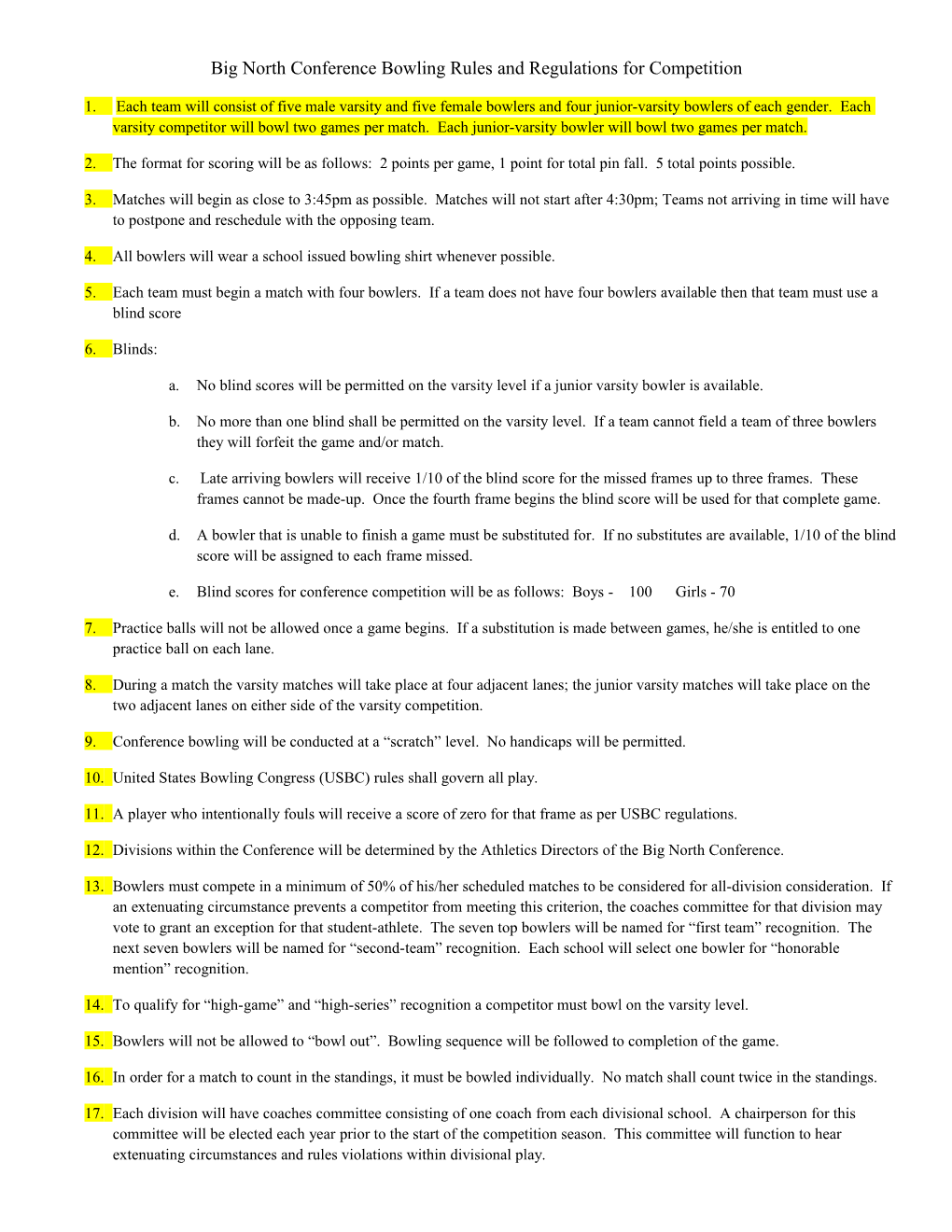 Big North Conference Bowling Rules and Regulations for Competition