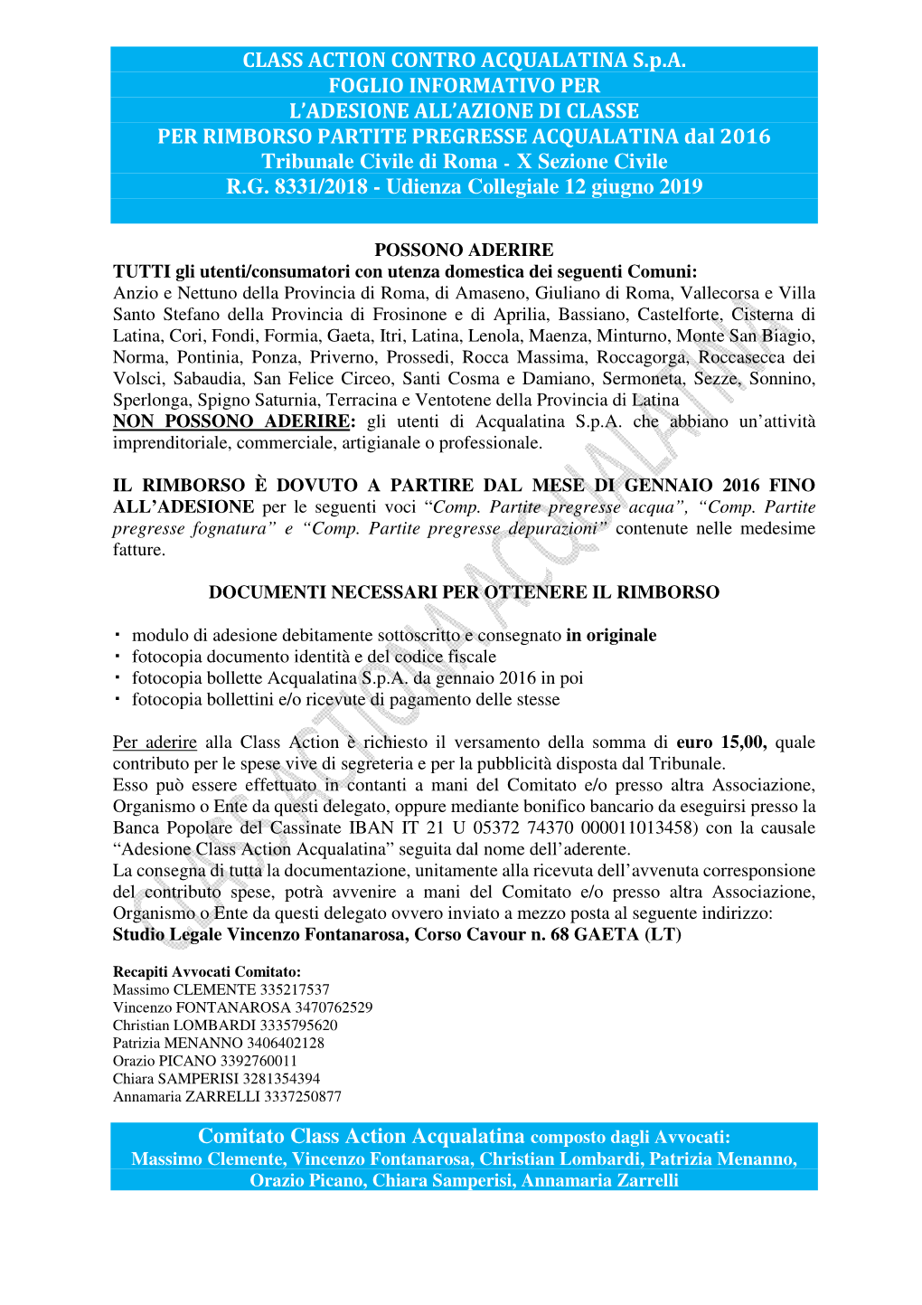 Foglio Informativo Adesione Classaction Acqualatina