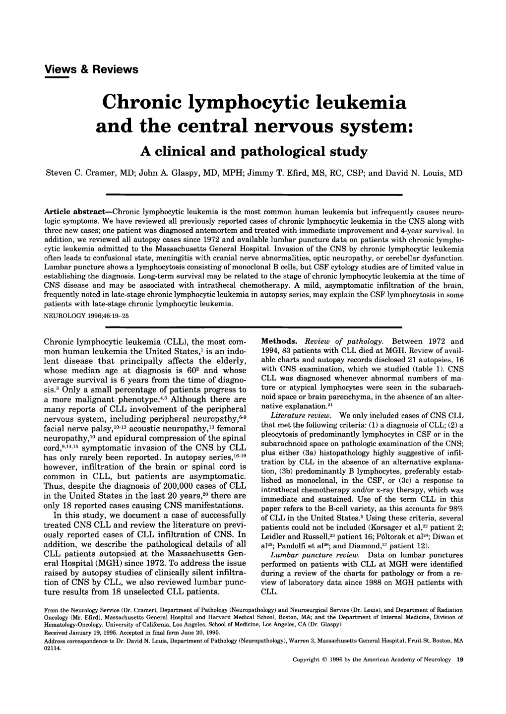 Chronic Lymphocytic Leukemia and the Central Nervous System: a Clinical and Pathological Study