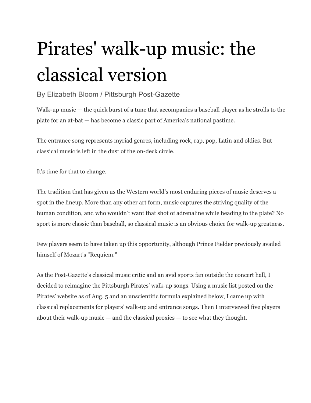 Pirates' Walk-Up Music: the Classical Version by Elizabeth Bloom / Pittsburgh Post­Gazette