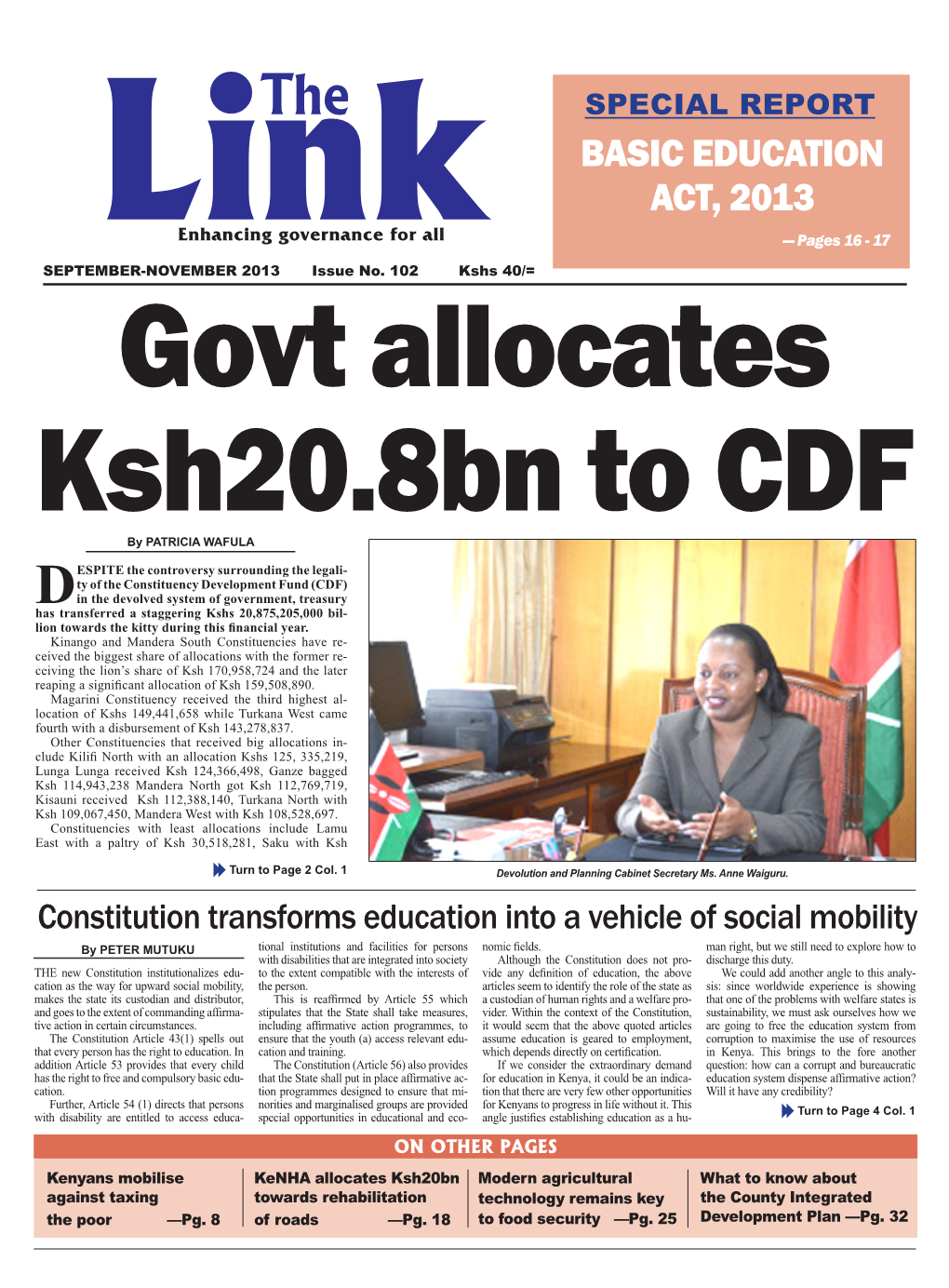BASIC EDUCATION ACT, 2013 Lenhancingink Governance for All — Pages 16 - 17 SEPTEMBER-NOVEMBER 2013 Issue No