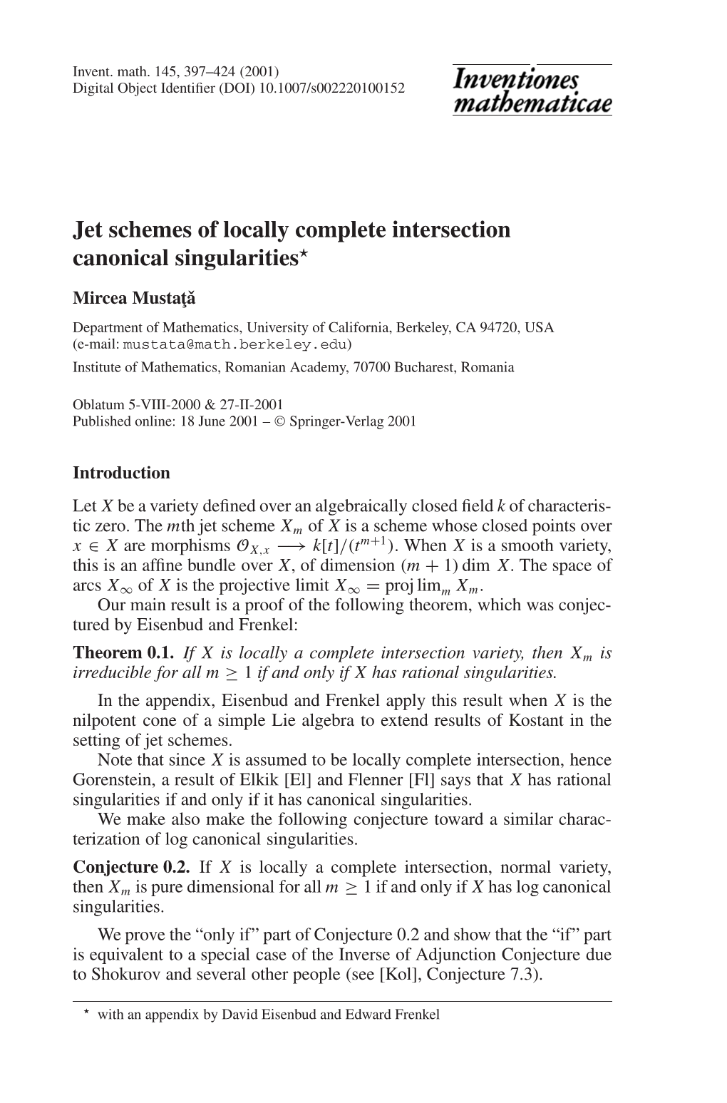 Jet Schemes of Locally Complete Intersection Canonical Singularities⋆