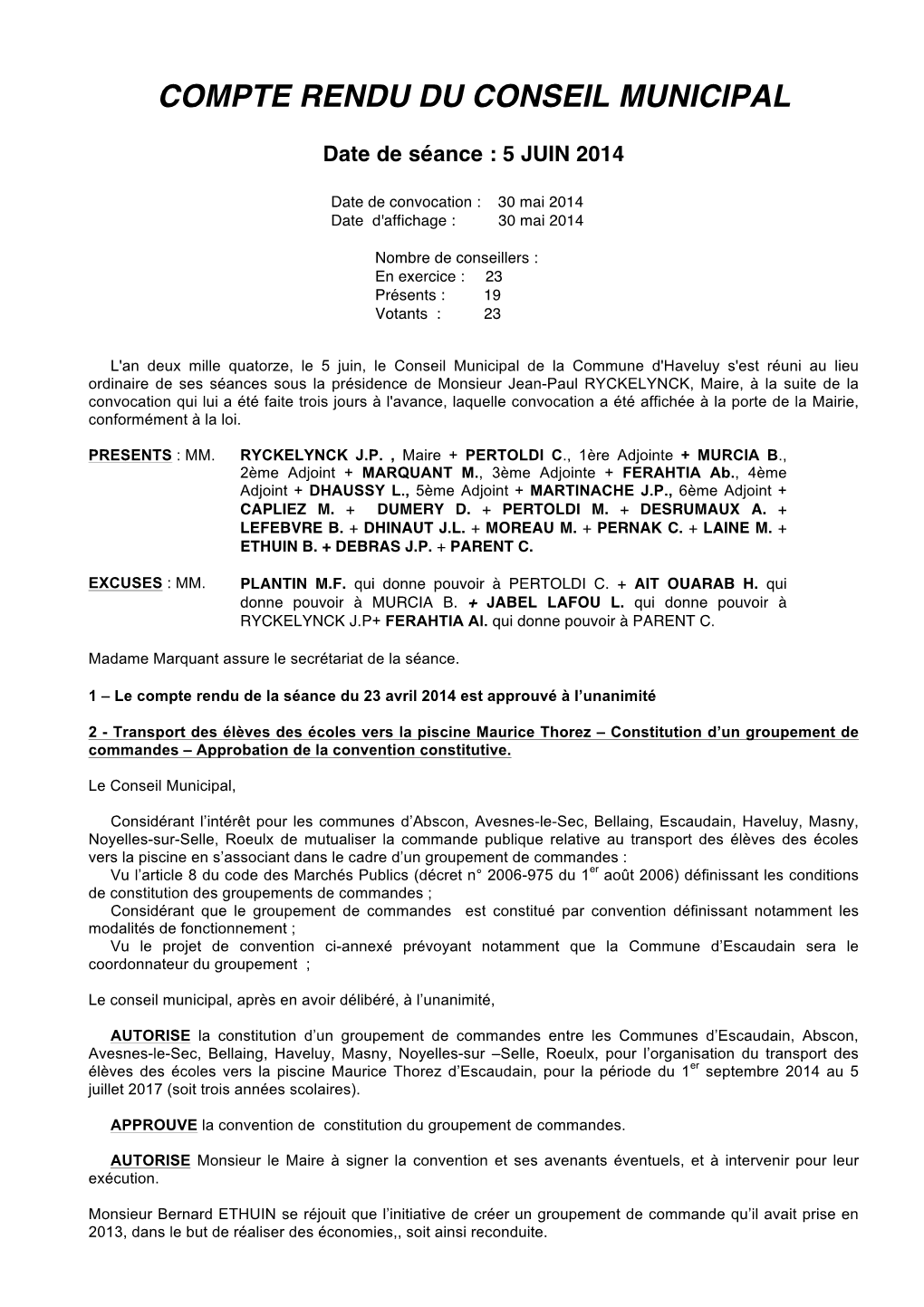 Compte Rendu Du Conseil Municipal