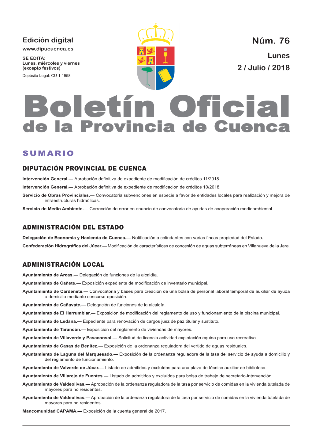 Boletín Oficial De La Provincia De Cuenca Sumario Diputación Provincial De Cuenca