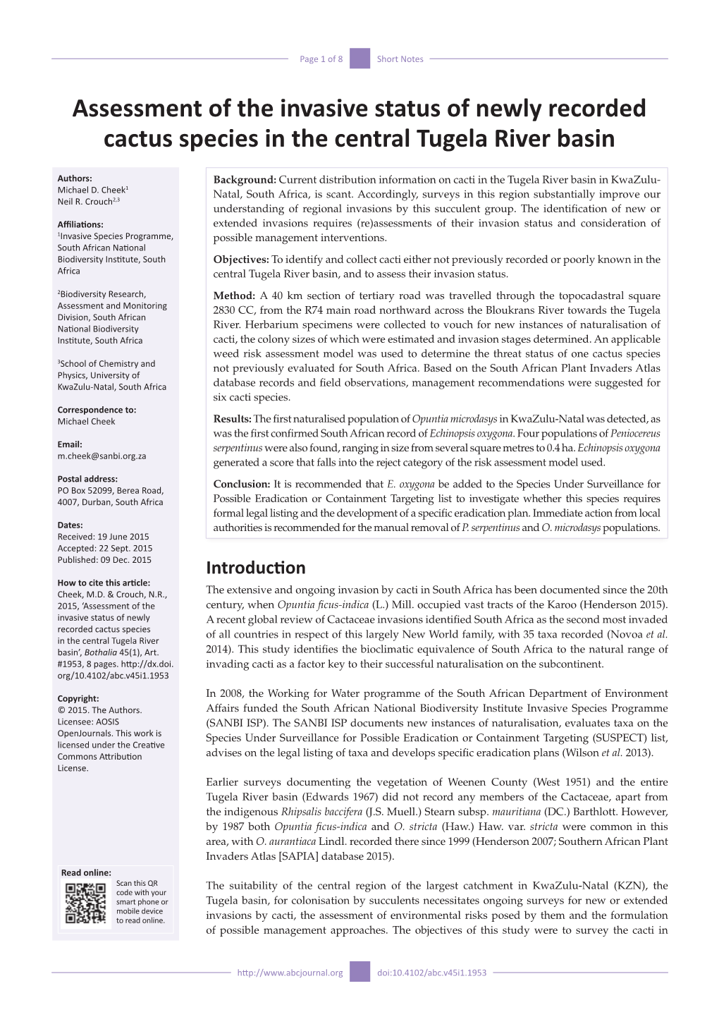 Assessment of the Invasive Status of Newly Recorded Cactus Species in the Central Tugela River Basin