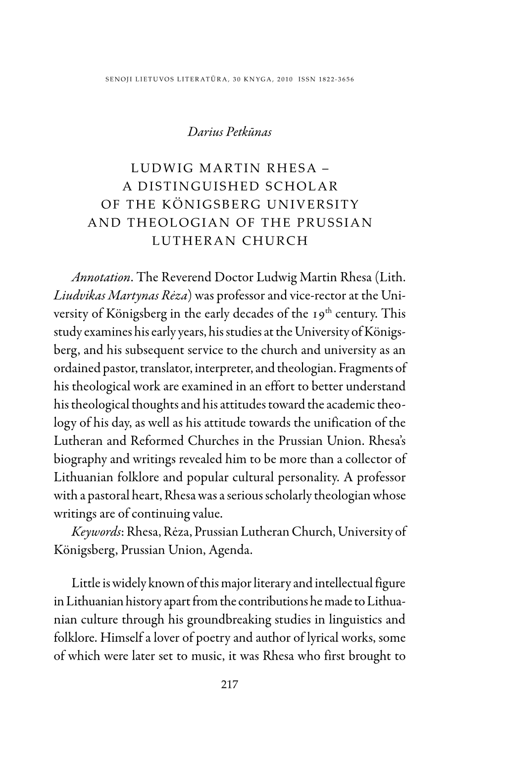 Darius Petkūnas Annotation. the Reverend Doctor Ludwig Martin