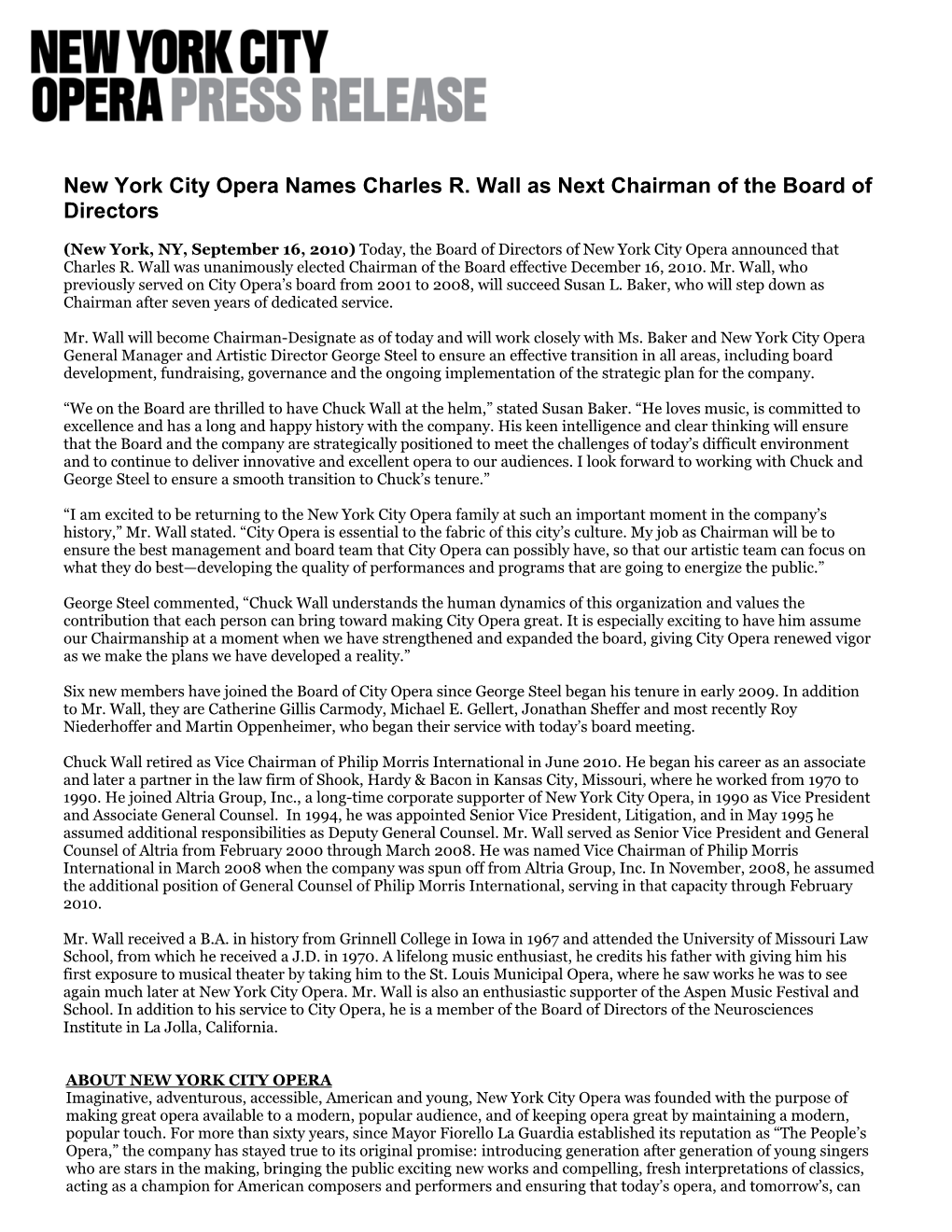 New York City Opera Names Charles R. Wall As Next Chairman of the Board of Directors