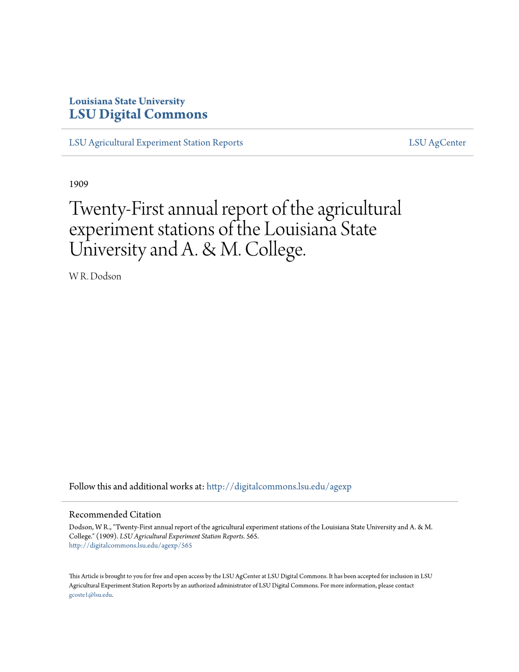 Twenty-First Annual Report of the Agricultural Experiment Stations of the Louisiana State University and A