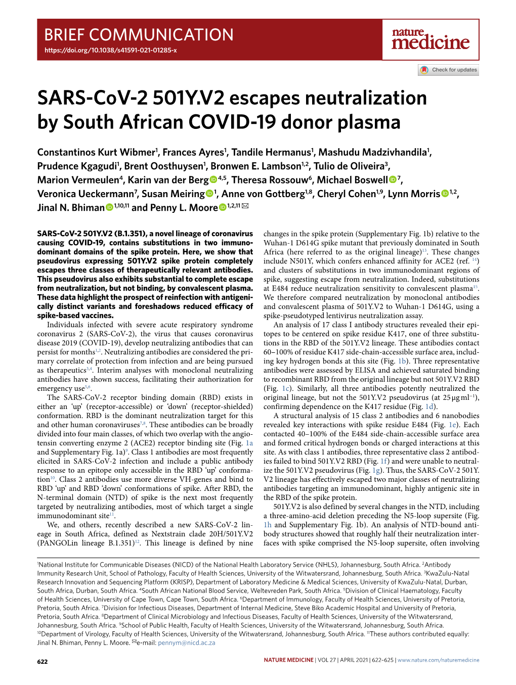 SARS-Cov-2 501Y.V2 Escapes Neutralization by South African COVID-19 Donor Plasma