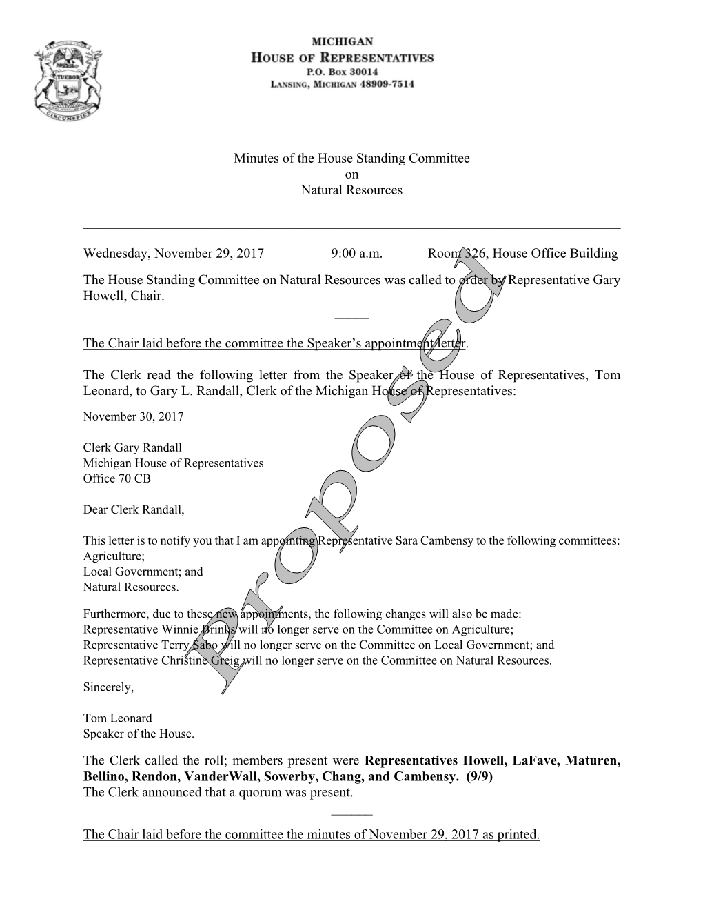 Minutes of the House Standing Committee on Natural Resources