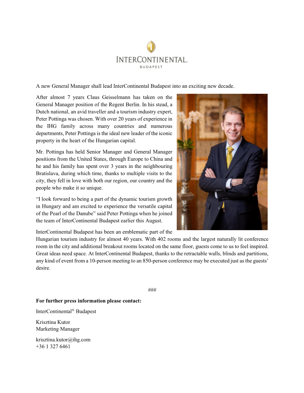 A New General Manager Shall Lead Intercontinental Budapest Into an Exciting New Decade