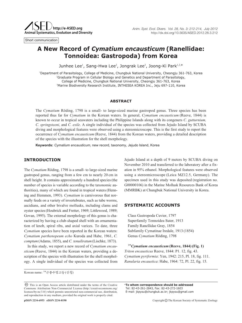 A New Record of Cymatium Encausticum (Ranellidae: Tonnoidea: Gastropoda) from Korea