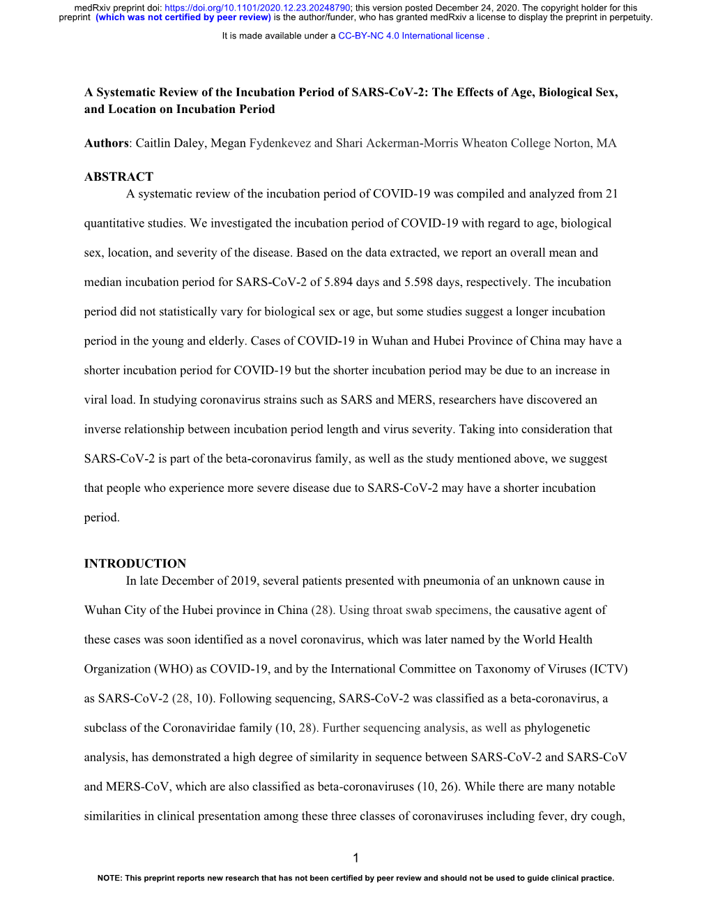 A Systematic Review of the Incubation Period of SARS-Cov-2: the Effects of Age, Biological Sex, and Location on Incubation Period