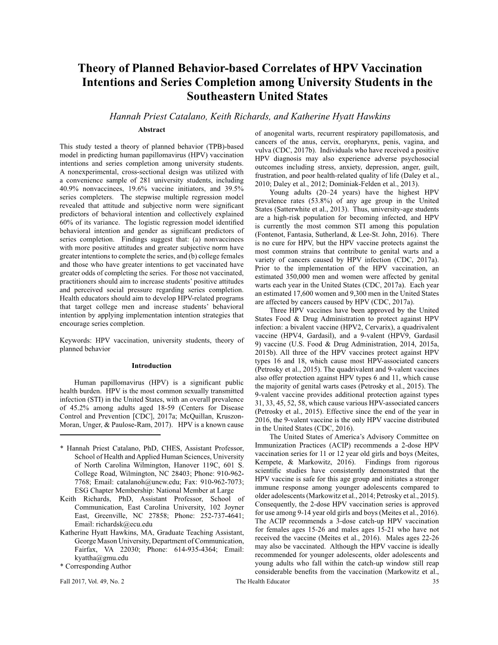 Theory of Planned Behavior-Based Correlates of HPV Vaccination