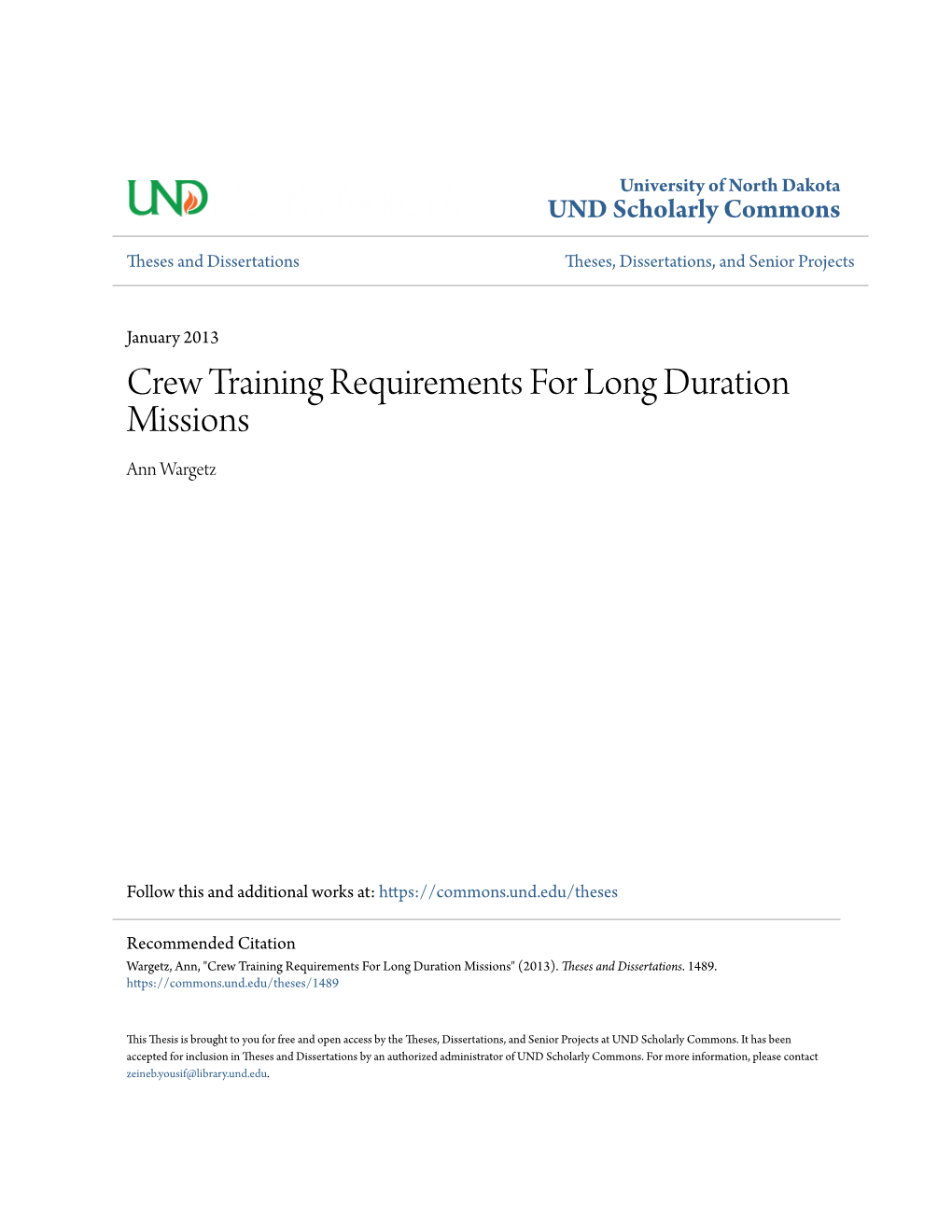 Crew Training Requirements for Long Duration Missions Ann Wargetz