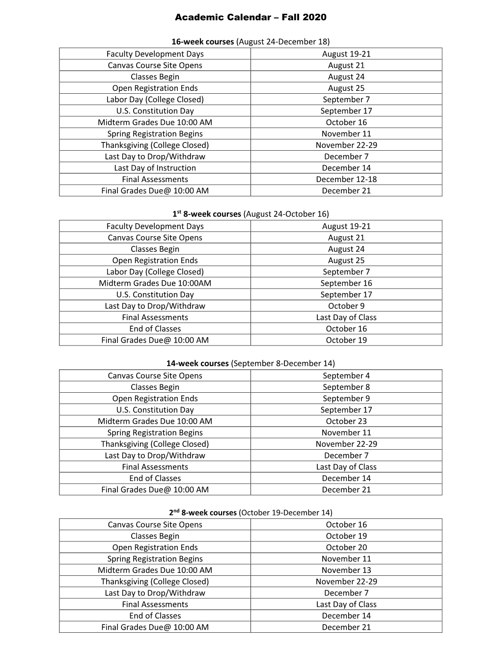 Academic Calendar – Fall 2020