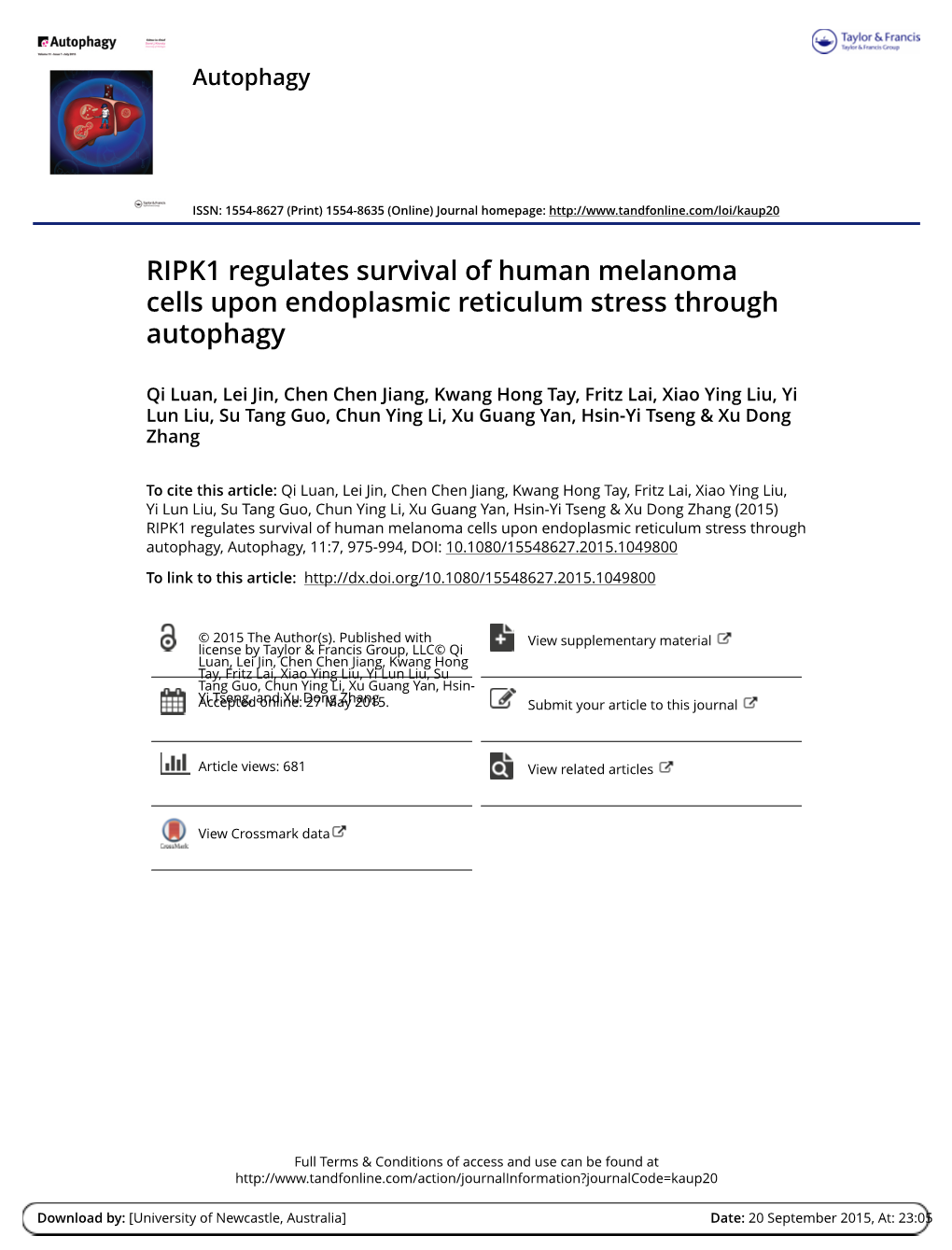 RIPK1 Regulates Survival of Human Melanoma Cells Upon Endoplasmic Reticulum Stress Through Autophagy