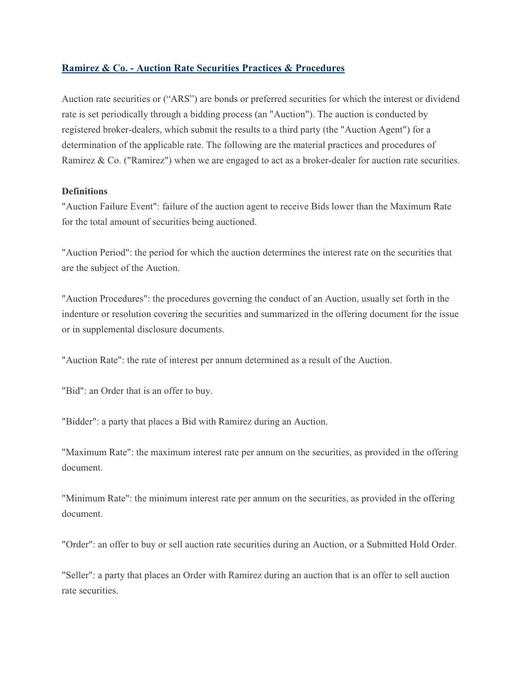 Auction Rate Securities Practices & Procedures