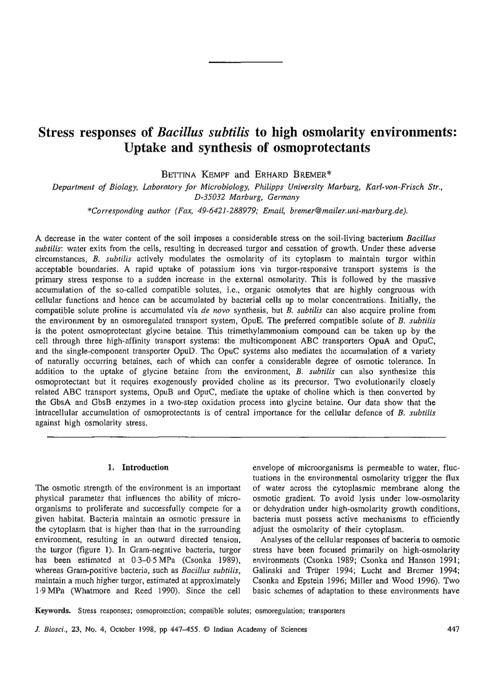 Stress Responses of Bacillus Subtilis to High Osmolarity Environments: Uptake and Synthesis of Osmoprotectants