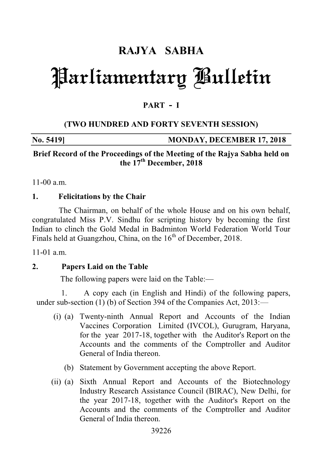 RAJYA SABHA Parliamentary Bulletin