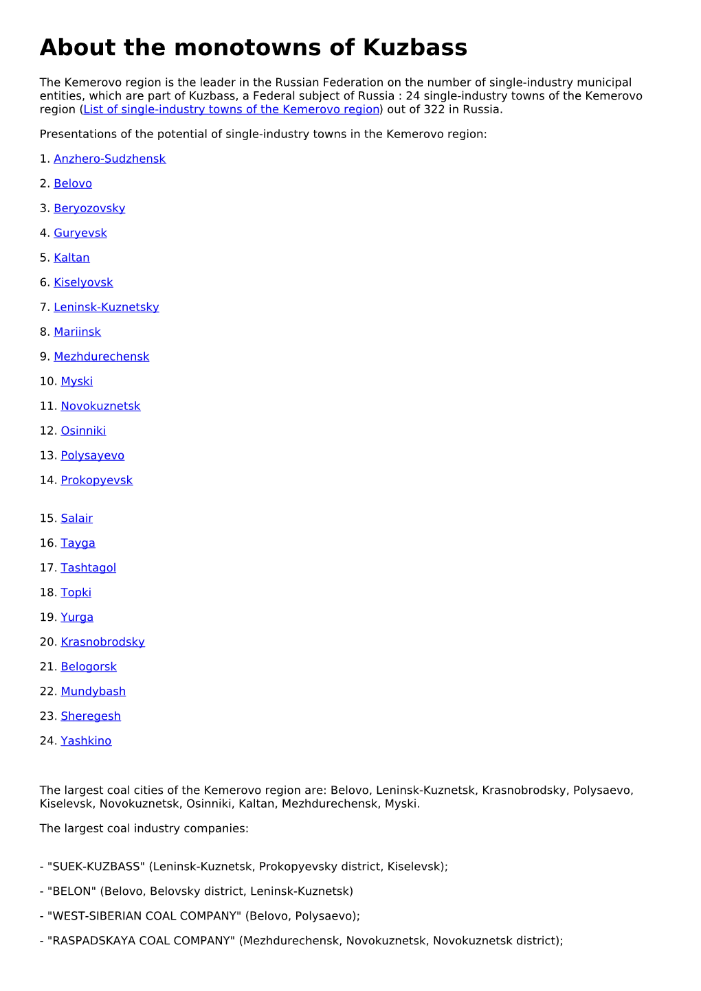 About the Monotowns of Kuzbass