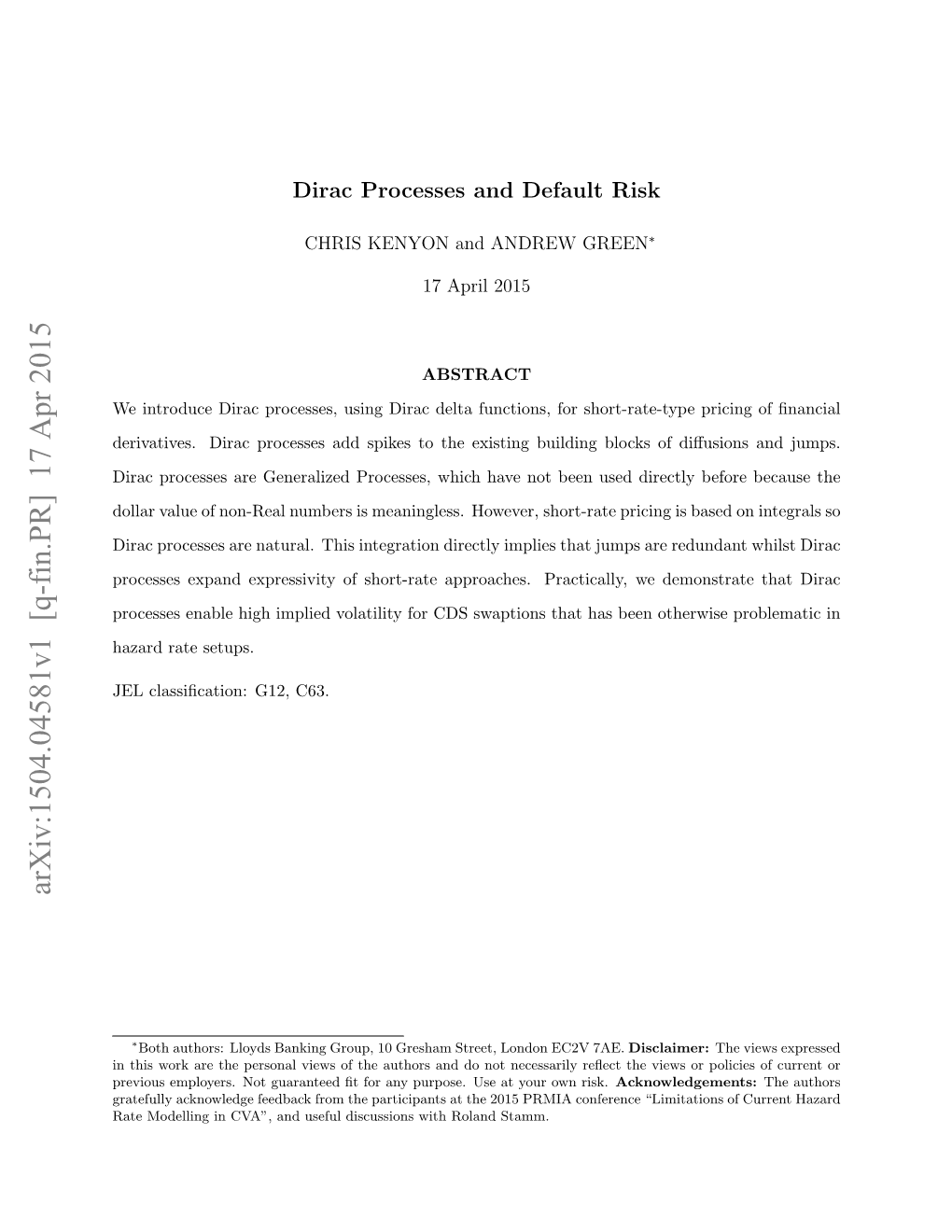 Dirac Processes and Default Risk