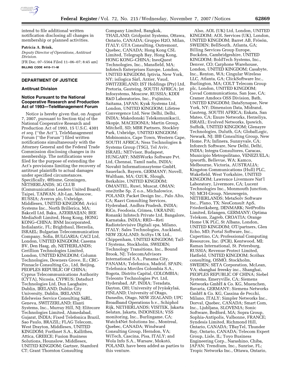 Federal Register/Vol. 72, No. 215/Wednesday, November 7, 2007/Notices