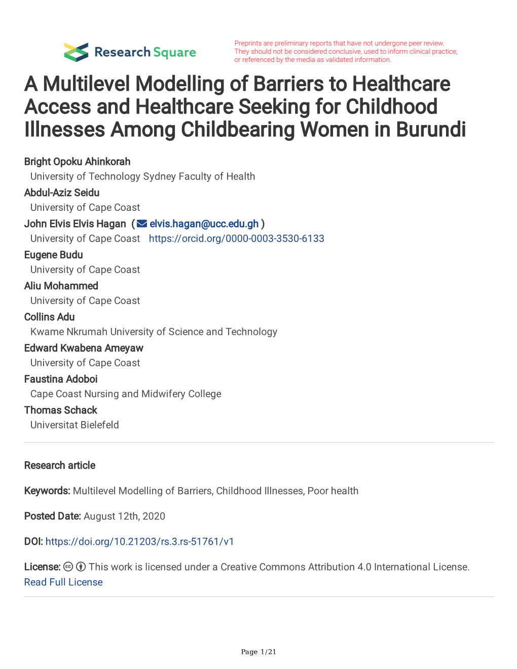 A Multilevel Modelling of Barriers to Healthcare Access and Healthcare Seeking for Childhood Illnesses Among Childbearing Women in Burundi