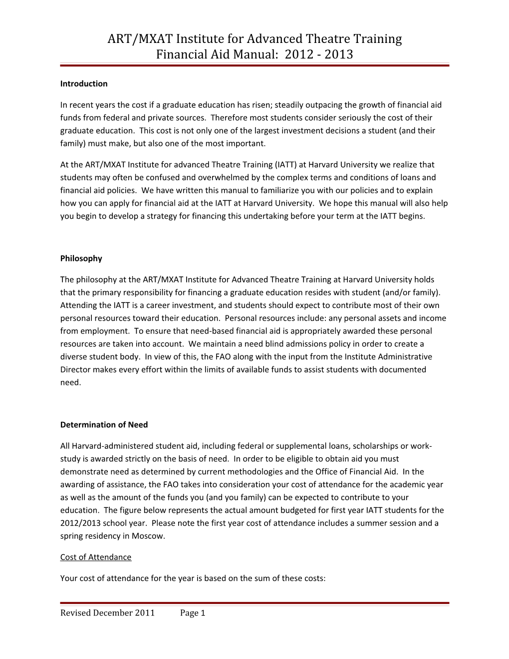 ART/MXAT Institute for Advanced Theatre Training Financial Aid Manual: 2012 - 2013