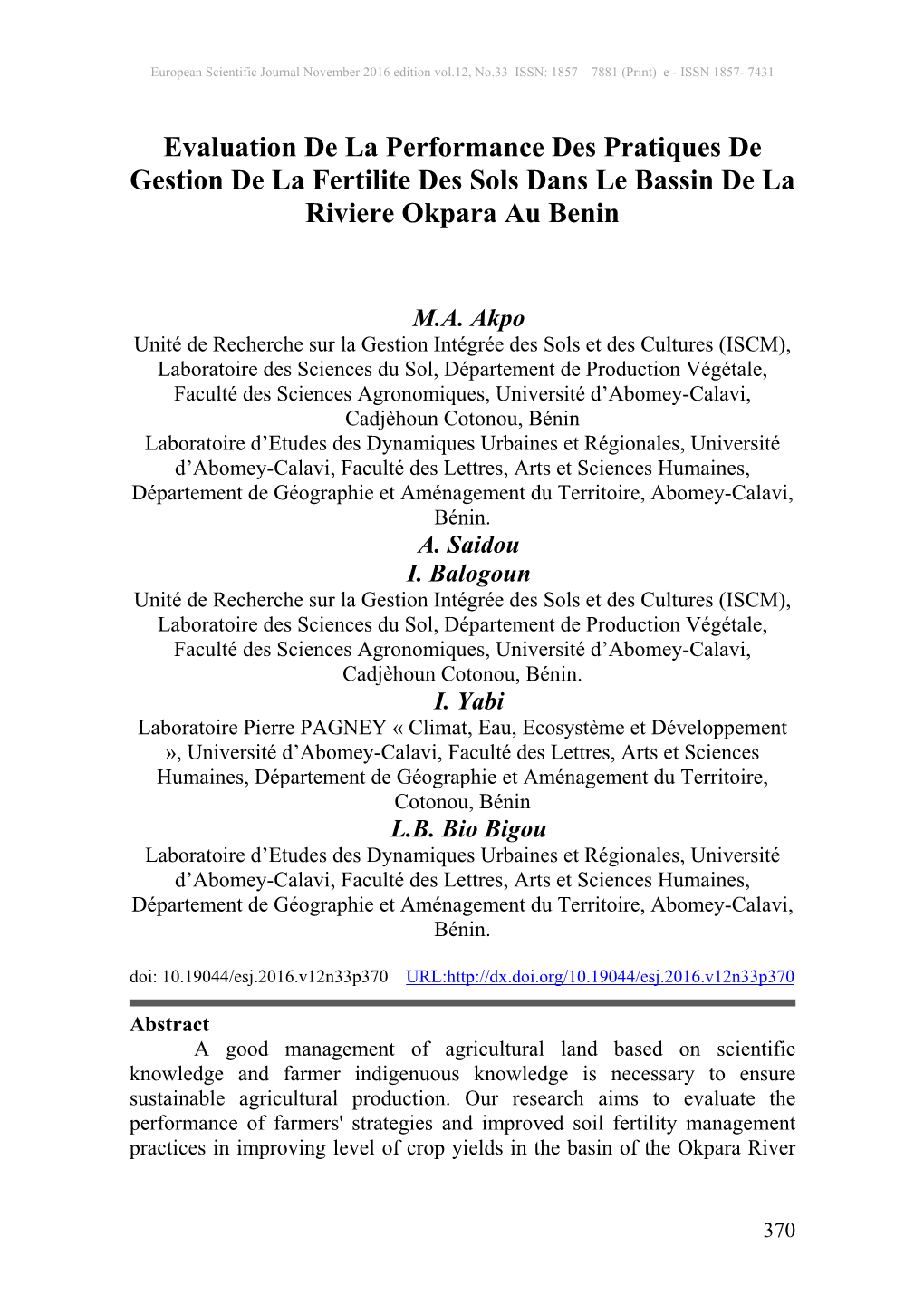 Evaluation De La Performance Des Pratiques De Gestion De La Fertilite Des Sols Dans Le Bassin De La Riviere Okpara Au Benin