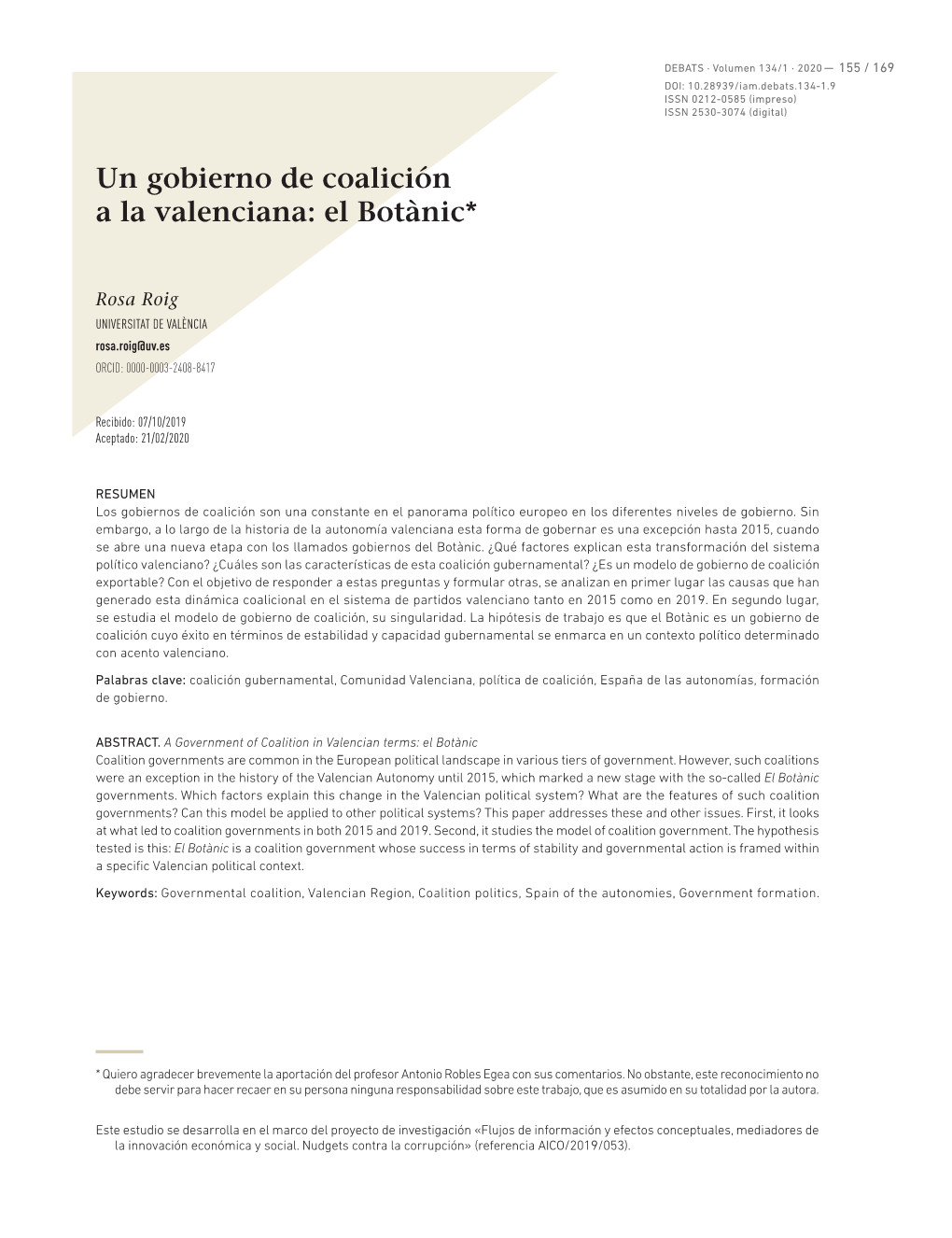 Un Gobierno De Coalición a La Valenciana: El Botànic*