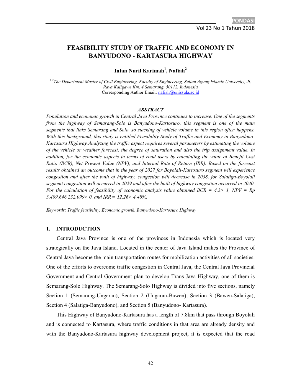 Feasibility Study of Traffic and Economy in Banyudono - Kartasura Highway