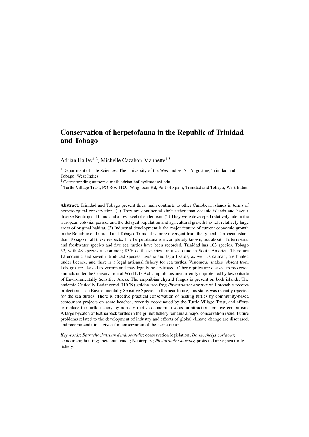 Conservation of Herpetofauna in the Republic of Trinidad and Tobago