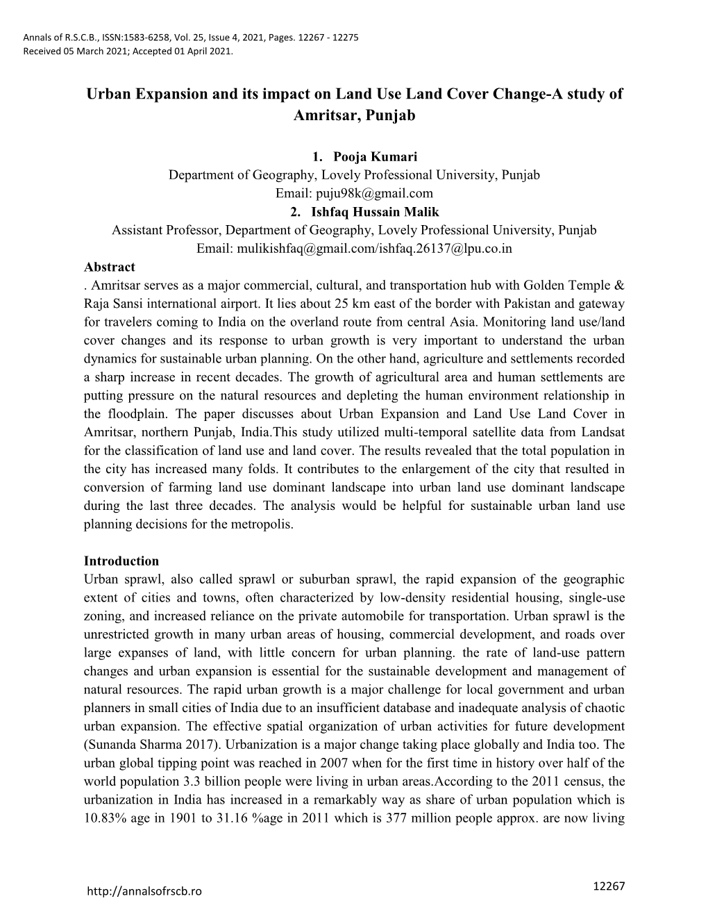 Urban Expansion and Its Impact on Land Use Land Cover Change-A Study of Amritsar, Punjab