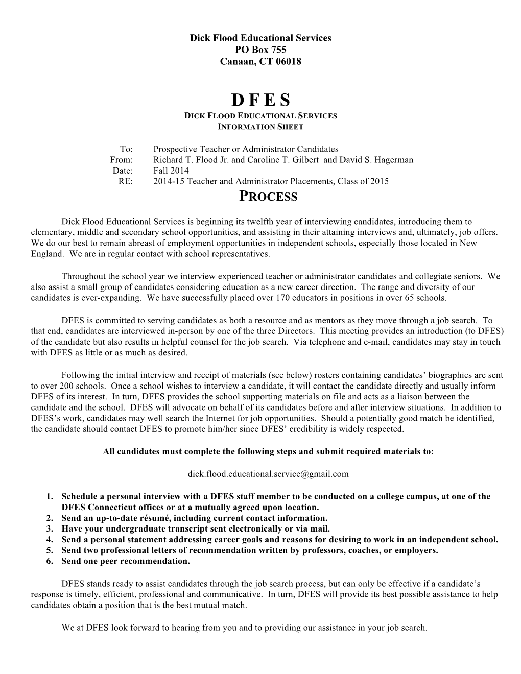 D F E S Dick Flood Educational Services Information Sheet