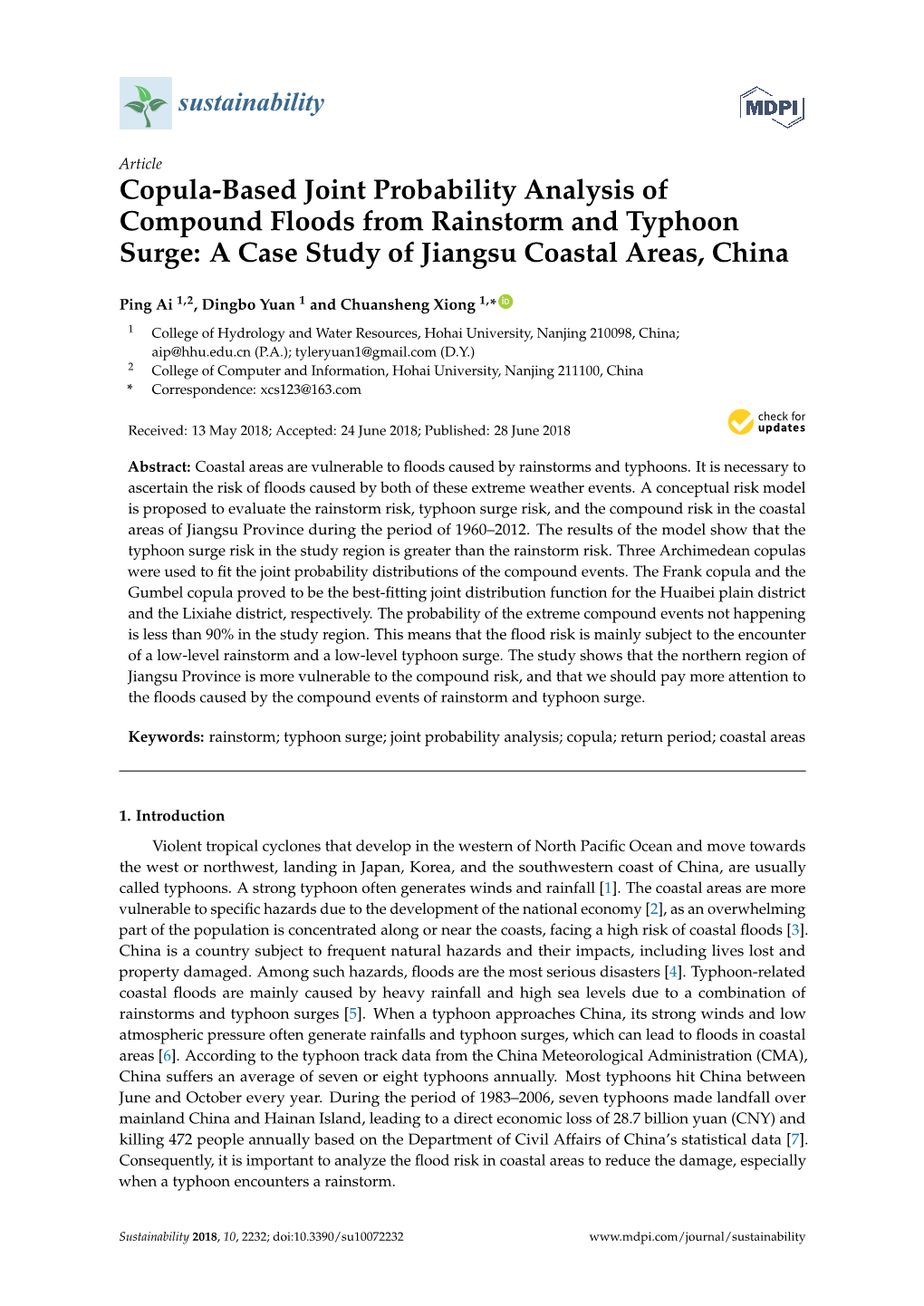 Copula-Based Joint Probability Analysis of Compound Floods from Rainstorm and Typhoon Surge: a Case Study of Jiangsu Coastal Areas, China