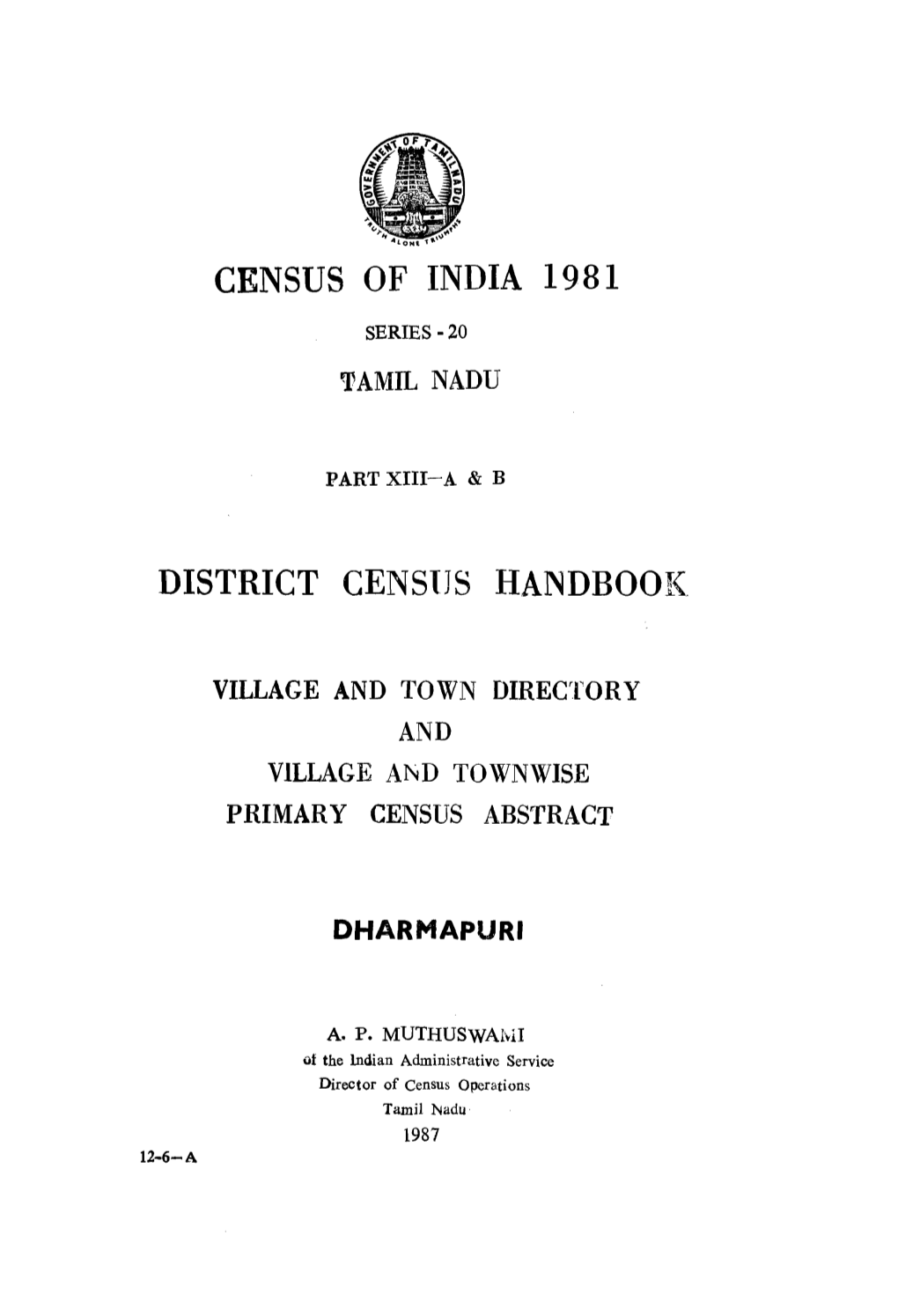 District Census Handbook, Dharmapuri, Part XIII a & B, Series-20