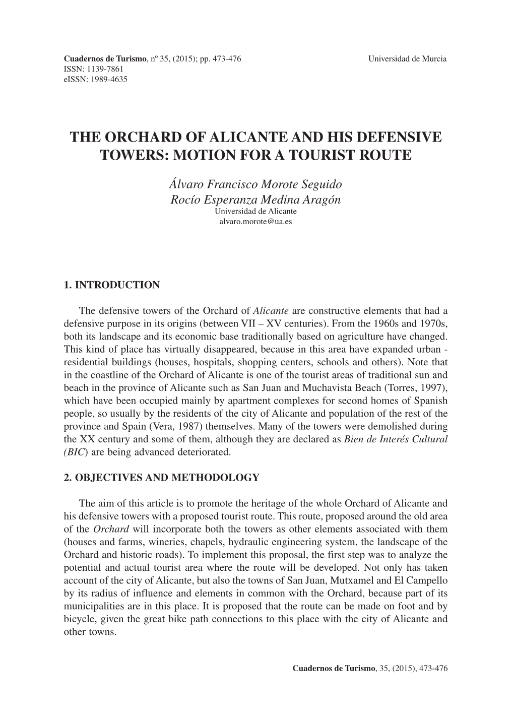 The Orchard of Alicante and His Defensive Towers: Motion for a Tourist Route