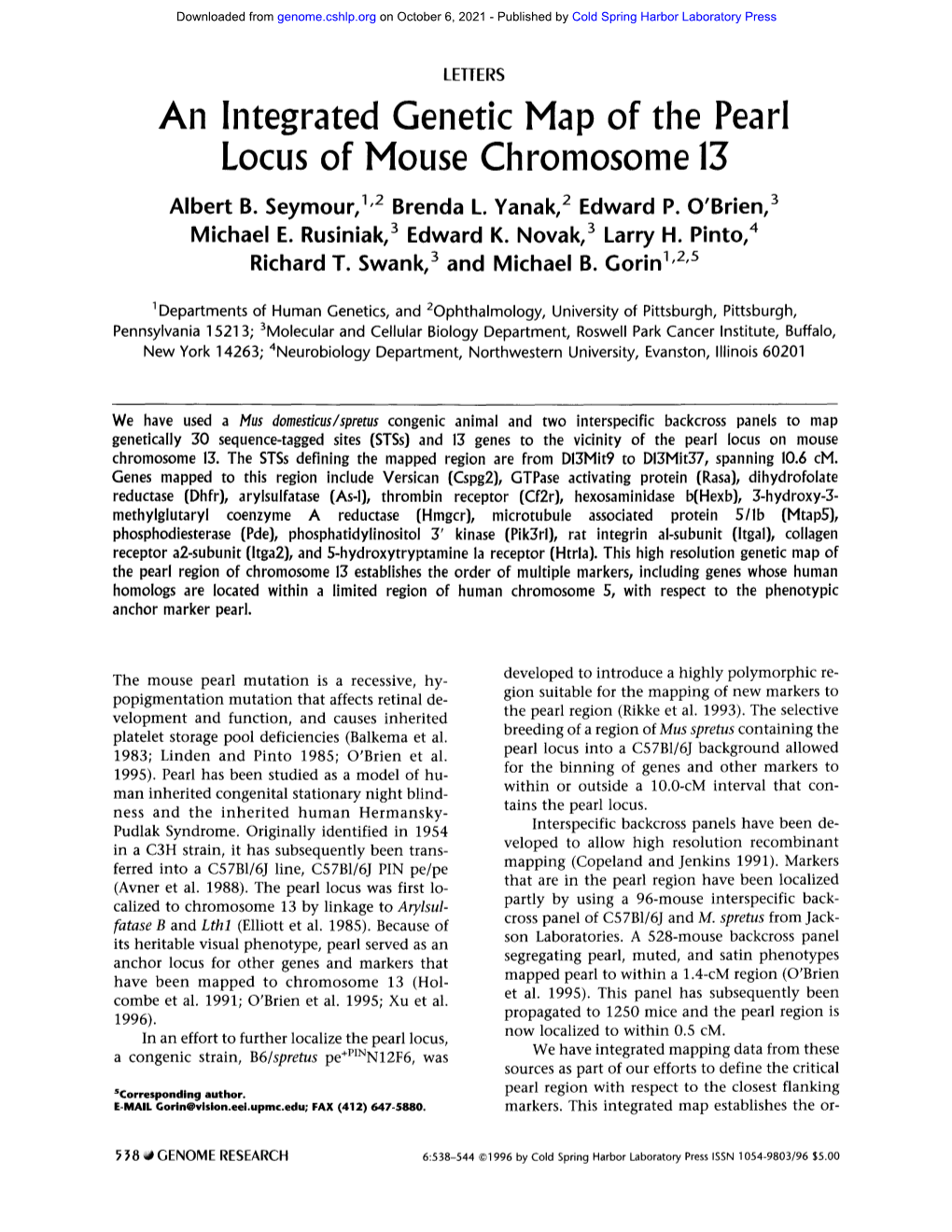 An Integrated Genetic Map of the Pearl Locus of Mouse Chromosome 13 Albert B