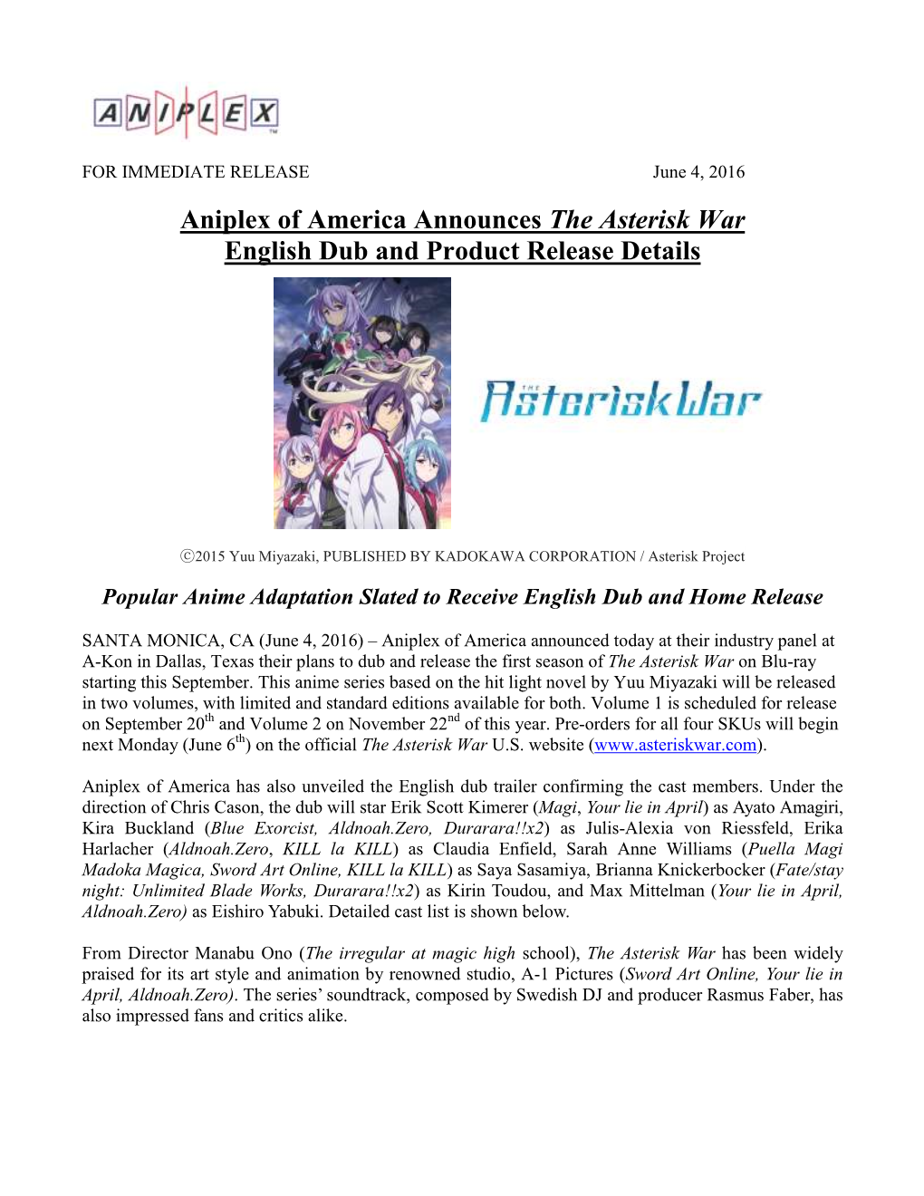 Aniplex of America Announces the Asterisk War English Dub and Product Release Details