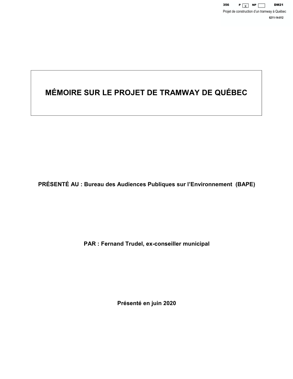 Mémoire Sur Le Projet De Tramway De Québec