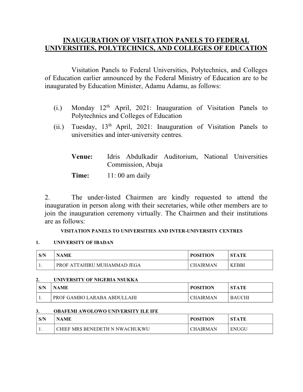 Inauguration of Visitation Panels to Federal Universities, Polytechnics, and Colleges of Education