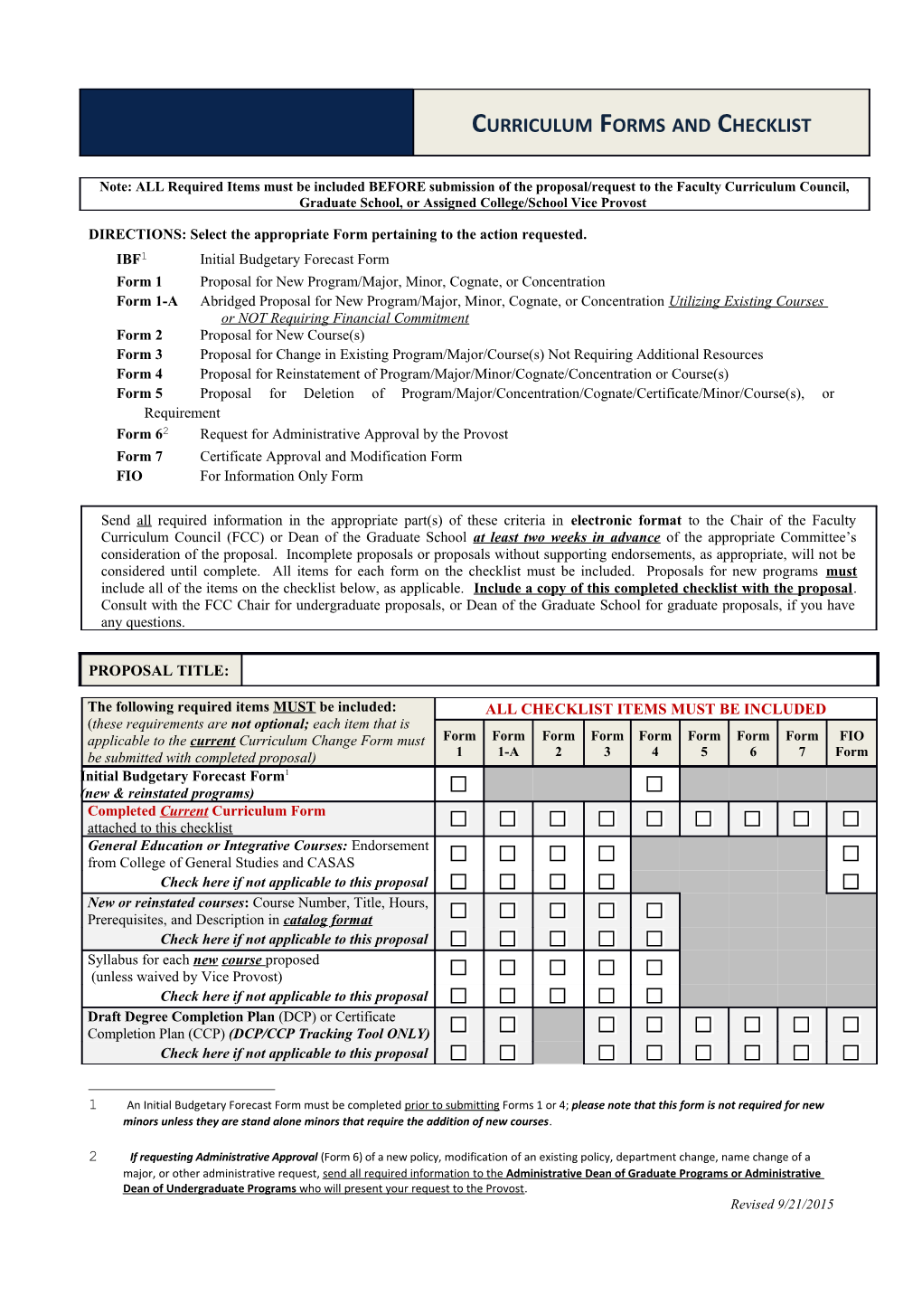 Curriculum Forms Checklist - Revised 20150917