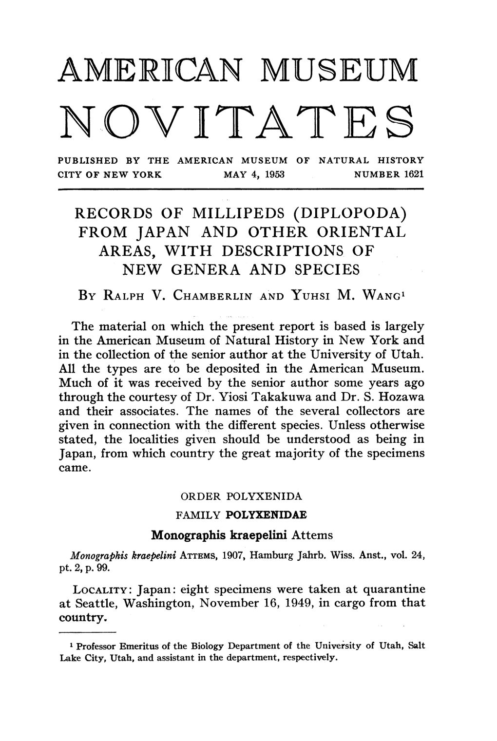 Novuptates Published by the American Museum of Natural History City of New York May 4, 1953 Number 1621