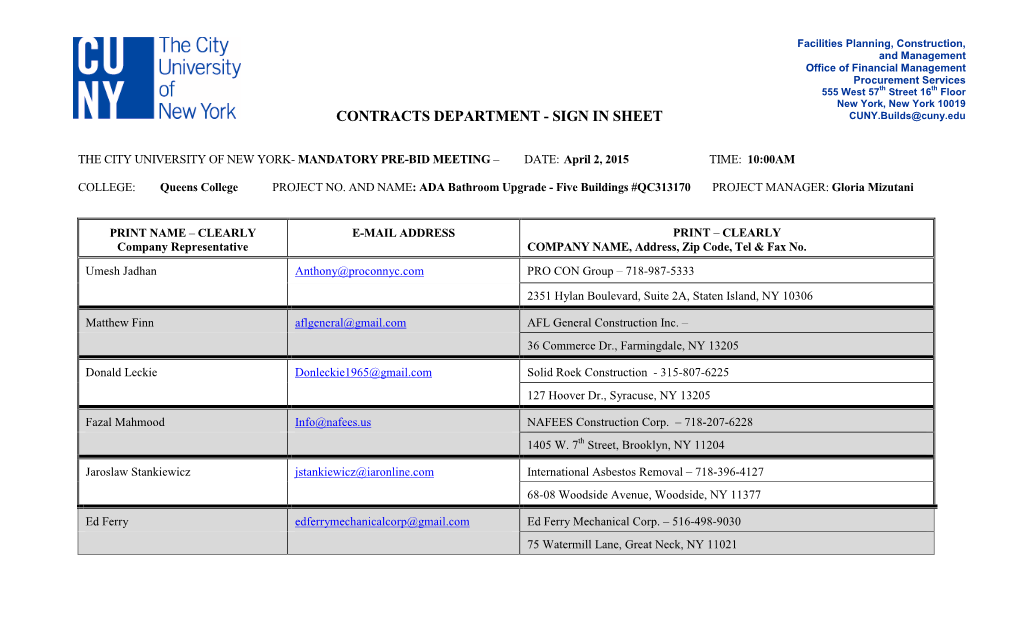 CONTRACTS DEPARTMENT - SIGN in SHEET CUNY.Builds@Cuny.Edu