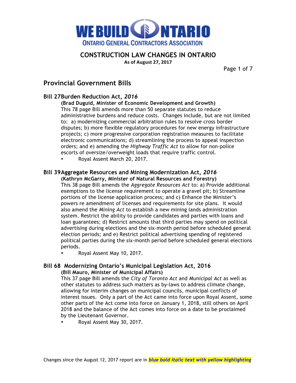 CONSTRUCTION LAW CHANGES in ONTARIO Provincial