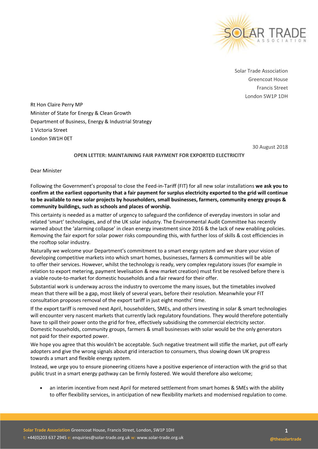 Solar Trade Association Greencoat House Francis Street London SW1P 1DH Rt Hon Claire Perry MP Minister of State for Energy &